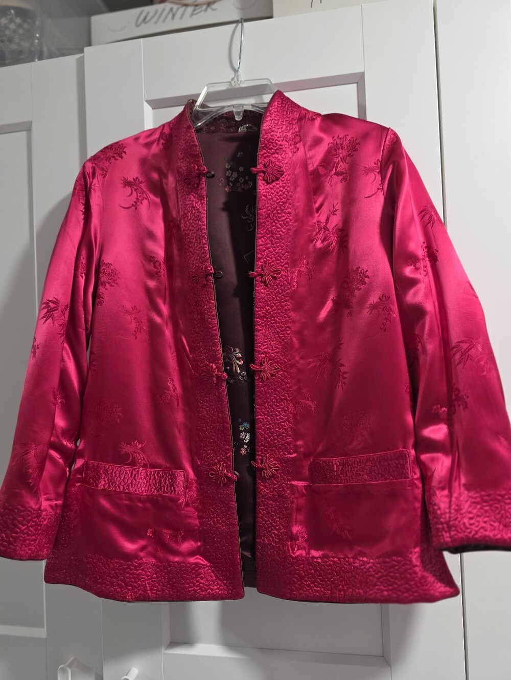 Womans Chinese Reversible Silk Jacket. Chocolate Floral With Reversible Fushia. - Picture 5 of 7